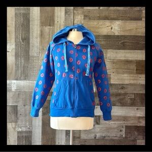 Blue zip up hoodie sweatshirt XLarge red sparkly kisses romantic girlhoodcore
